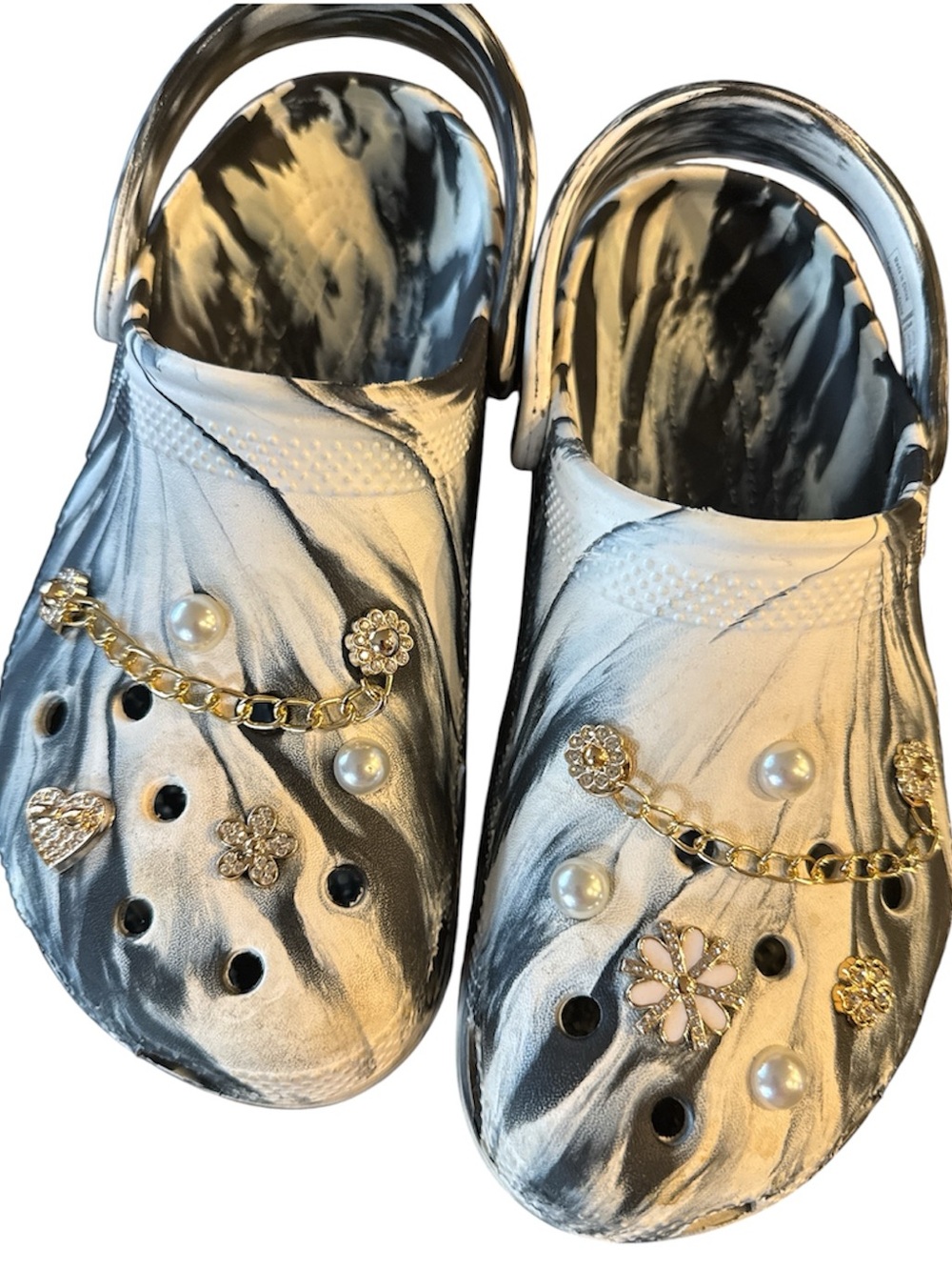 Women's White & Black Marbled Slip-On Clog crocs Gold Chain Accents pearls